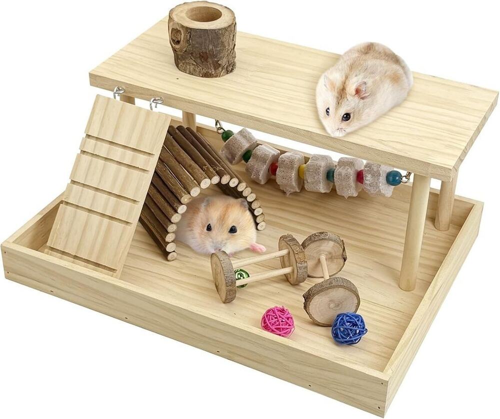 Dwarf Hamster Playground Gym System Natural Wood Cage Lava Stone Toy Ladder Ramp